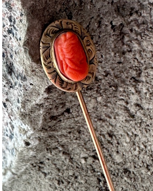Antique Victorian 10k Gold Coral Cameo Stick Pin Classical Lady Profile