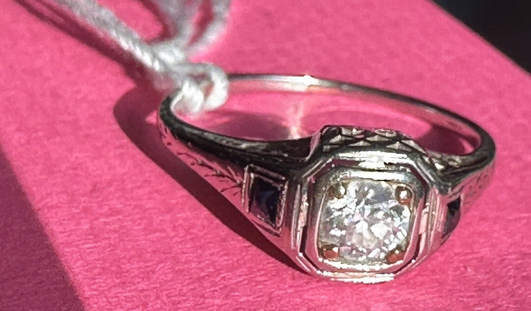Antique 14K Gold .45ct Old European Cut Diamond & Lab Sapphire Art Deco Ring