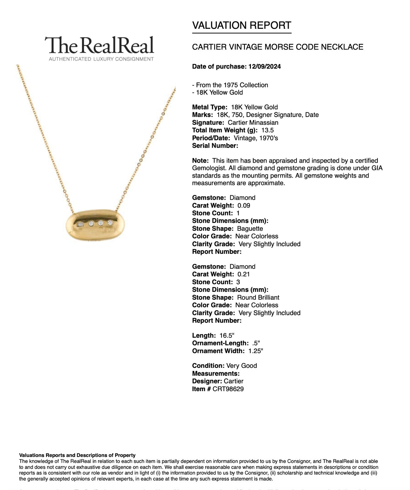 Cartier Vintage Morse Code 18k Necklace w/ Valuation Report
