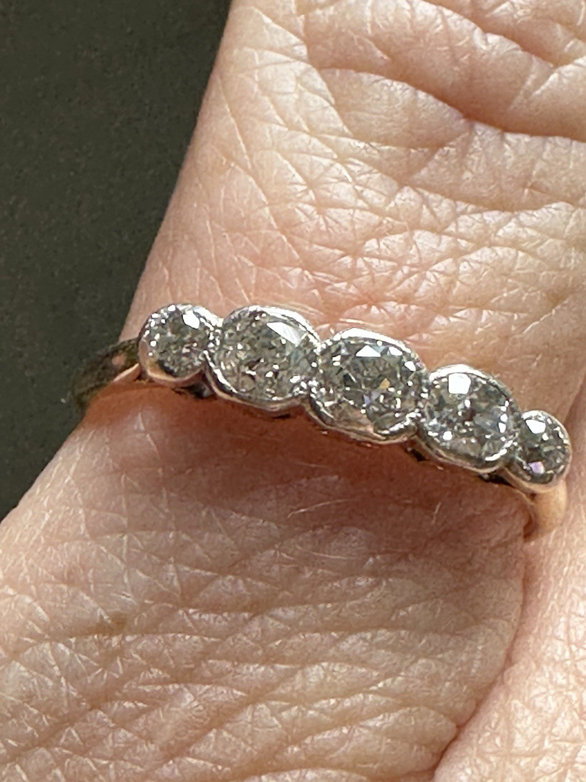 Antique old European and Old Cushion Cut 5 diamond Bezel Setting ring Size 6.5