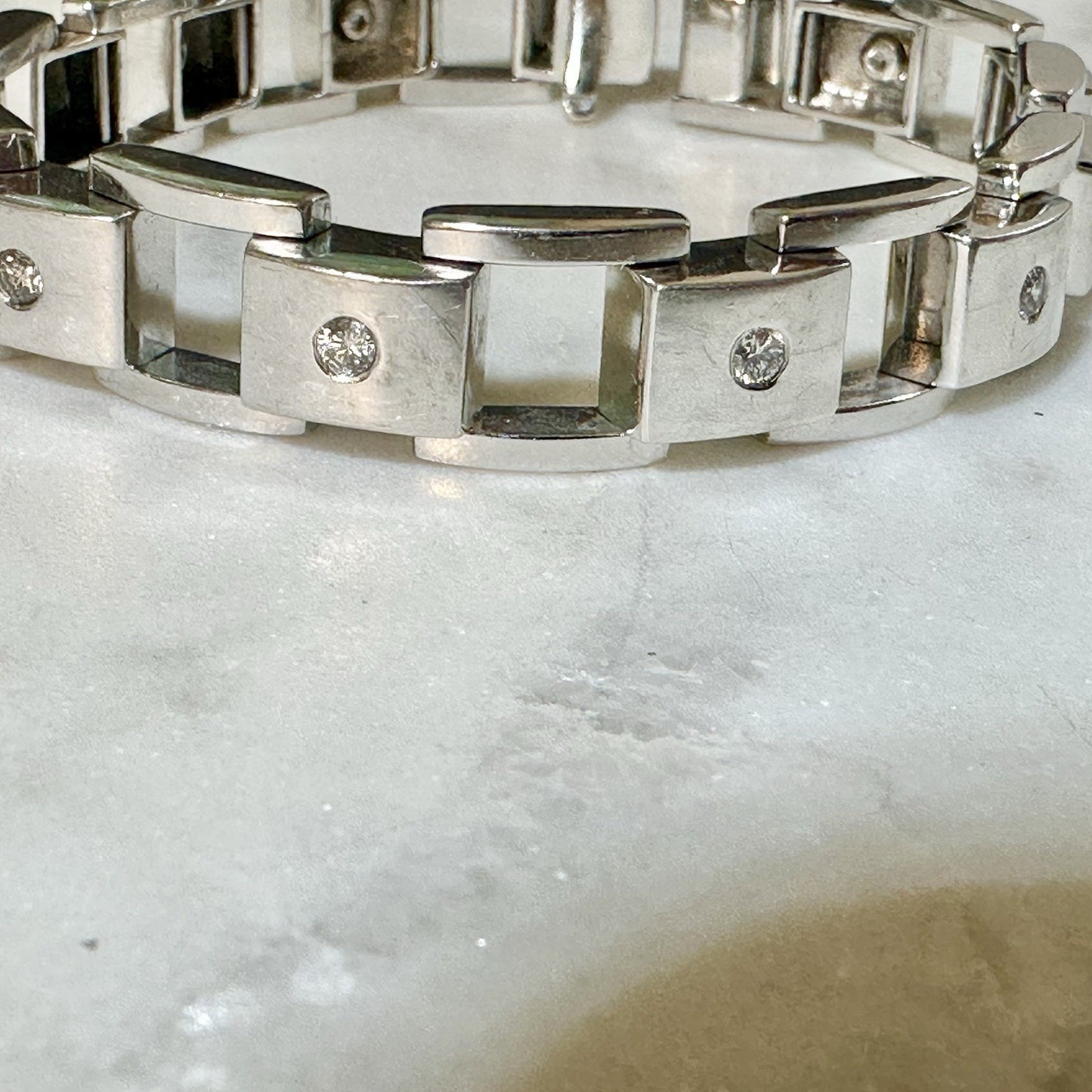 Vintage 8 inch 14 K white gold diamond tank bracelet