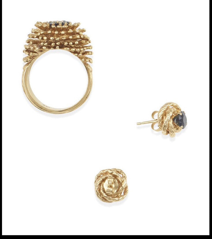 Vintage Sea Urchin Style  14kt Gold And Sapphire Ring And Earrings Set 12.3 G