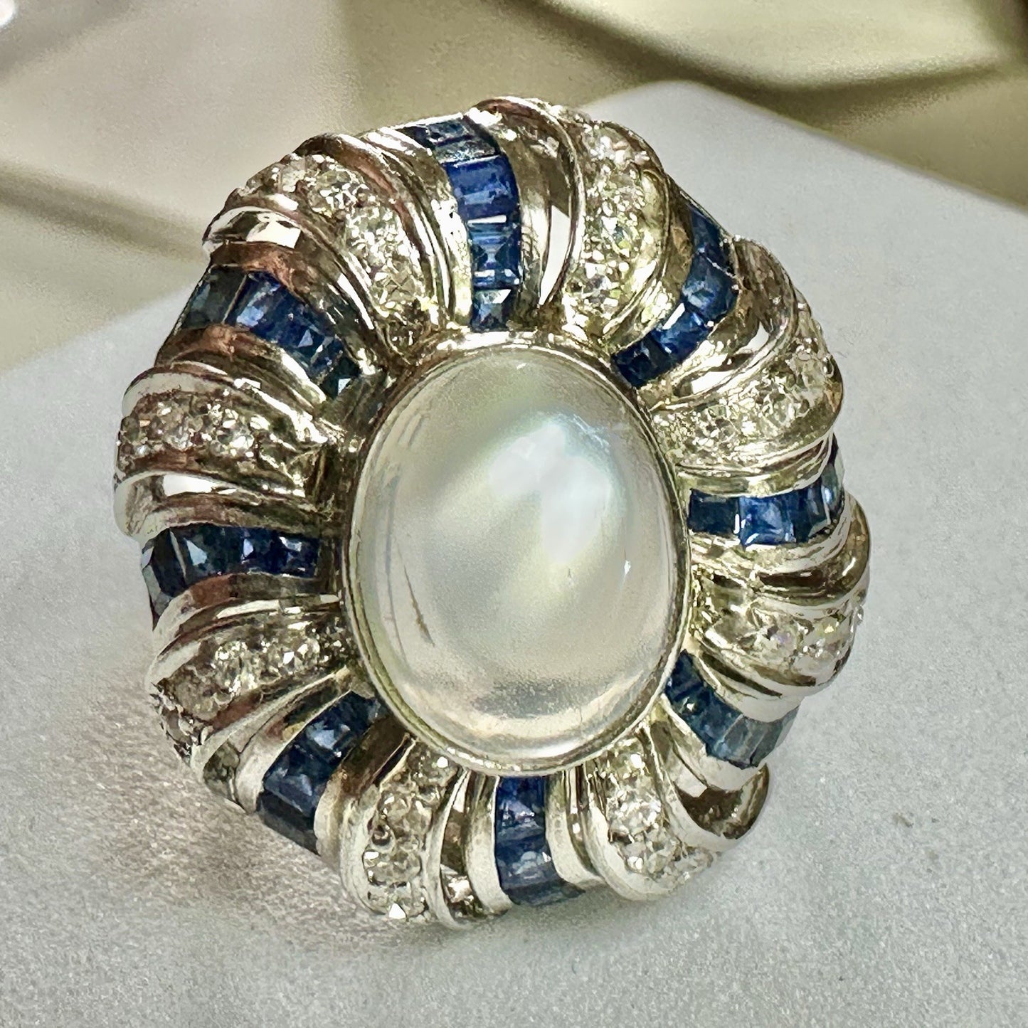 Art Deco Platnium Moonstone Diamond And Sapphire Ring 