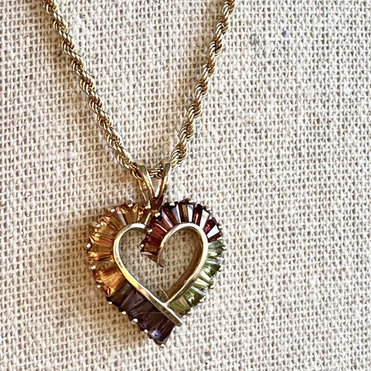 14k Gold Multi Gemstone Heart Pendant Necklace
