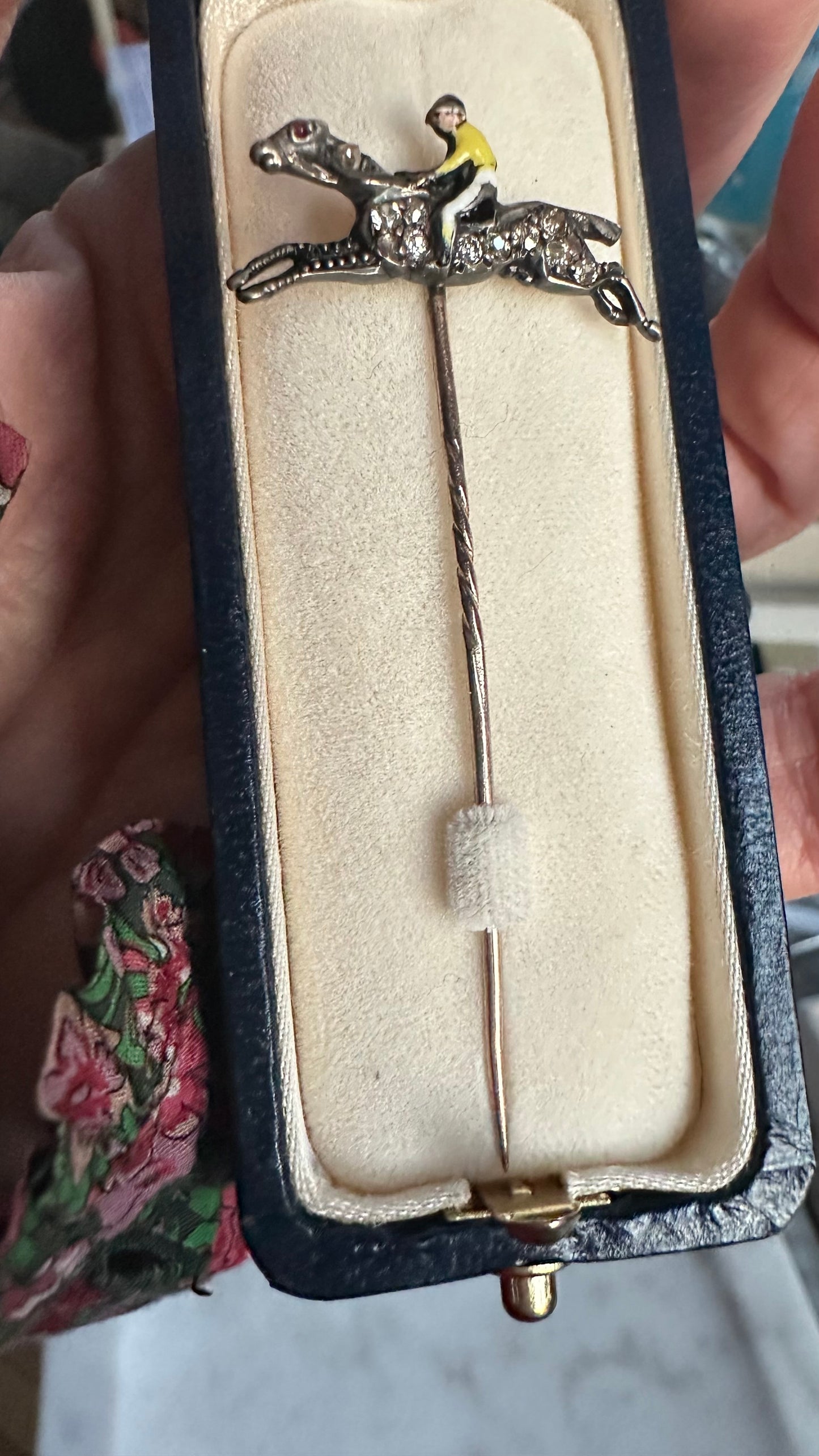 Antique English Diamond Horse & Enamel Jockey Stick Pin | Sterling Silver & 14k & 9K Gold, c.1900