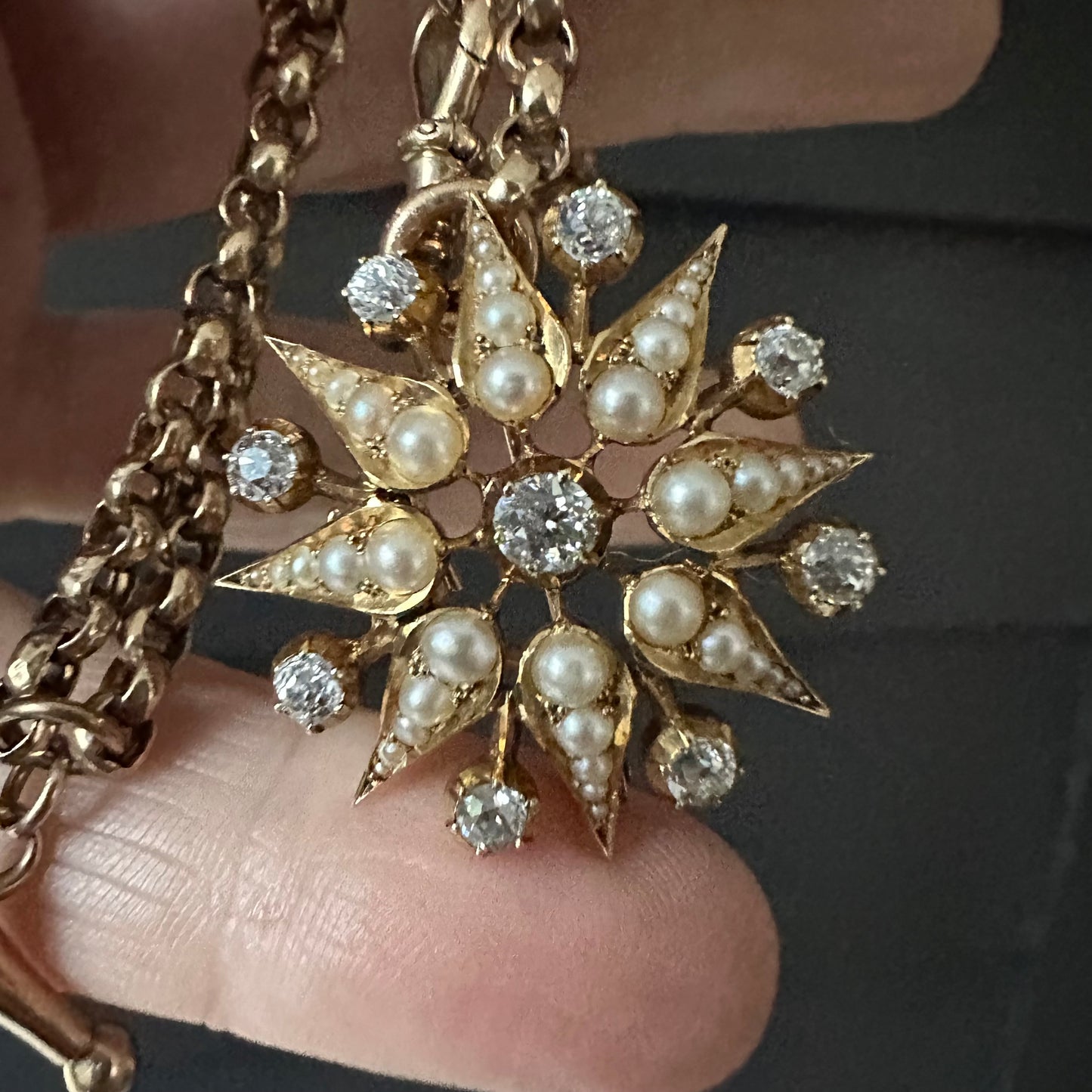 Antique Victorian Starburst Pendant Brooch | 15ct Gold with Natural Seed Pearls & Old Mine-Cut Diamonds | (2.5 cttw) with goose neck bale. Convertible Brooch & Pendant Circa 1880s