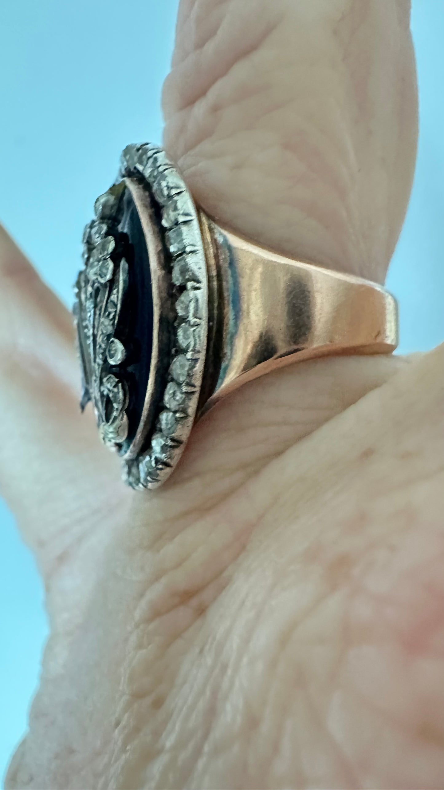 ANTIQUE Georgian 18K GOLD, SILVER, DIAMOND AND BLUE BRISTOL GLASS RING