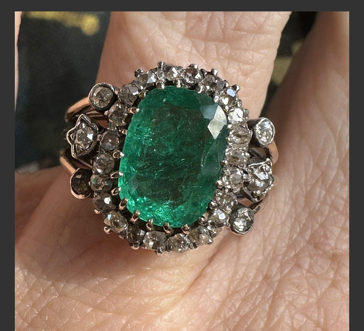 An Antique  SILVER-TOPPED 14K GOLD, EMERALD AND DIAMOND RING