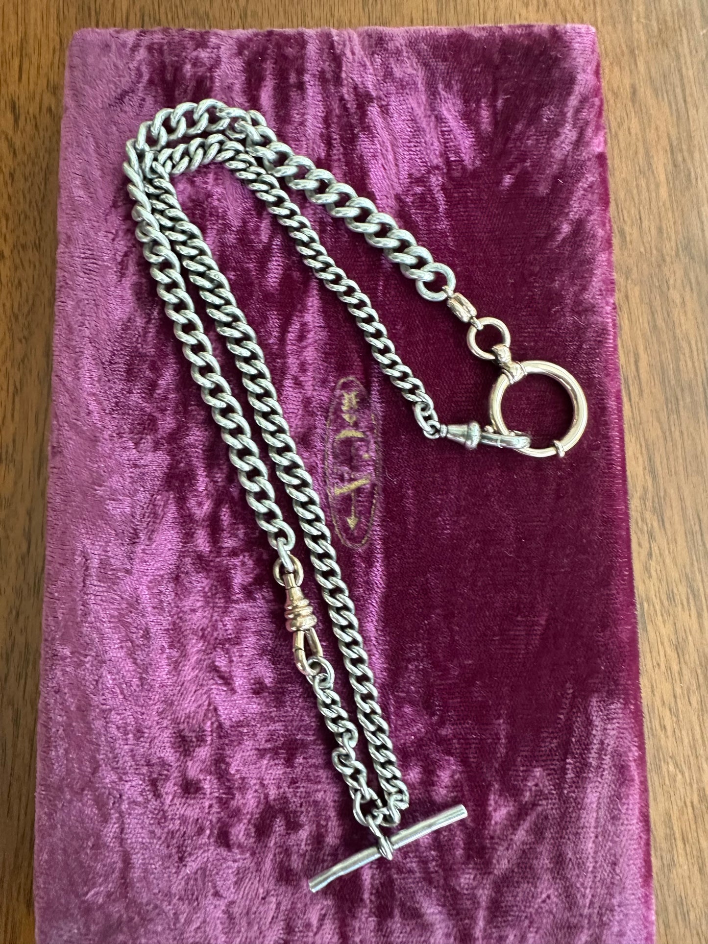 Antique Sterling chubby Albert watch chain with rosey  bolt clasp and dog clip