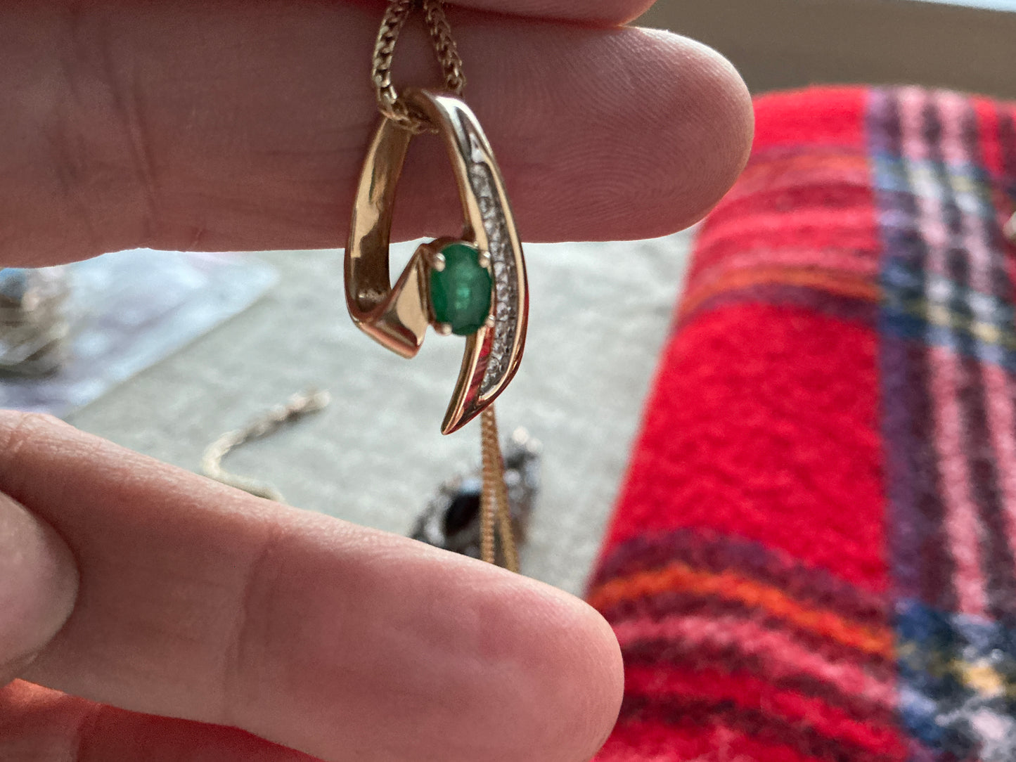 Vintage 14 karat gold emerald, and diamond pendant necklace