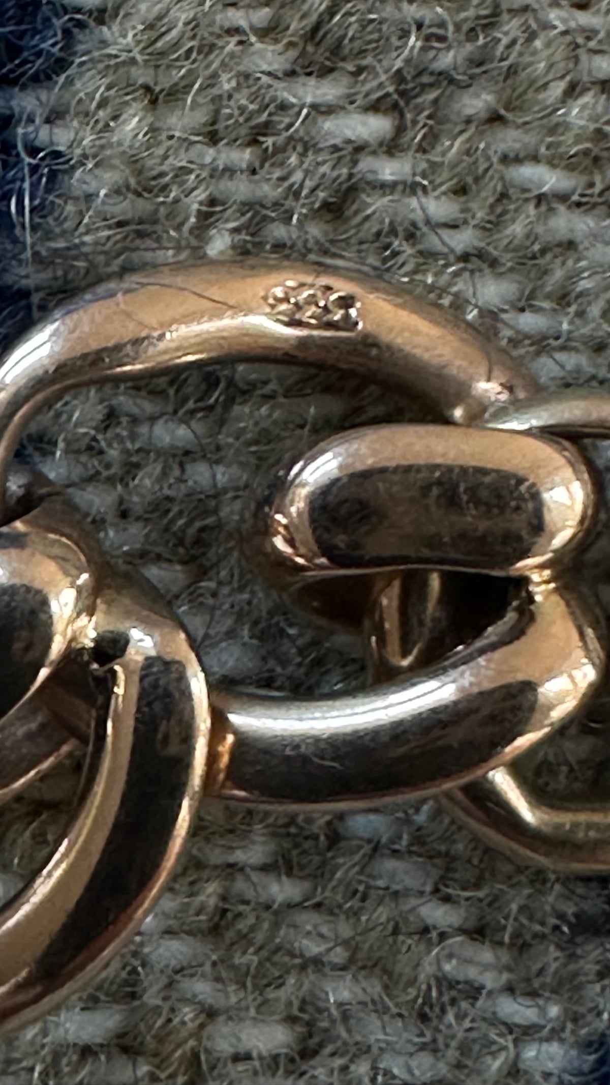 Antique open curb and fancy 9k gold watchchain 19”necklace with T bar and two swivel dog clips 44.5