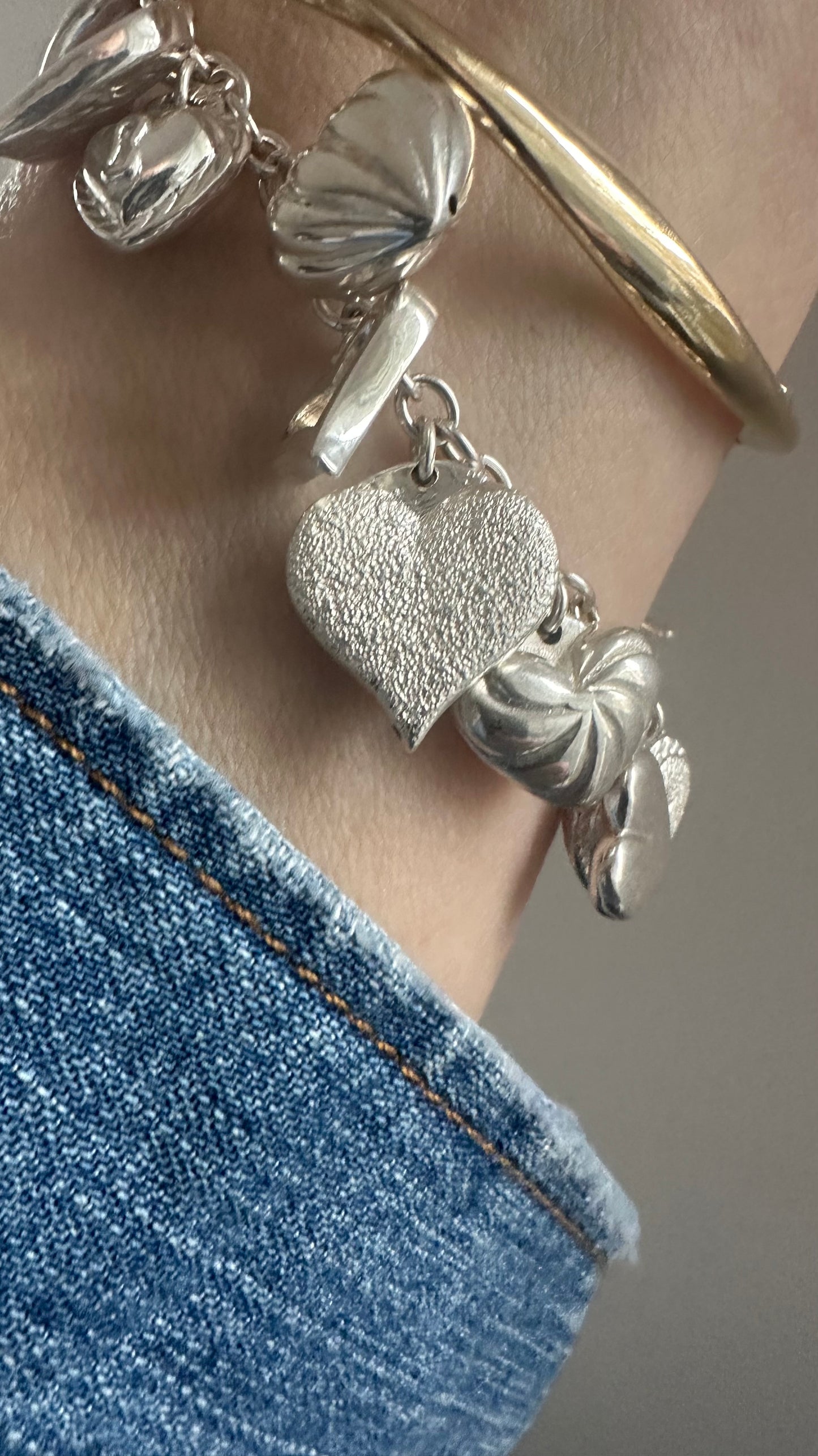 Vintage Sterling puffed hearts charm bracelet