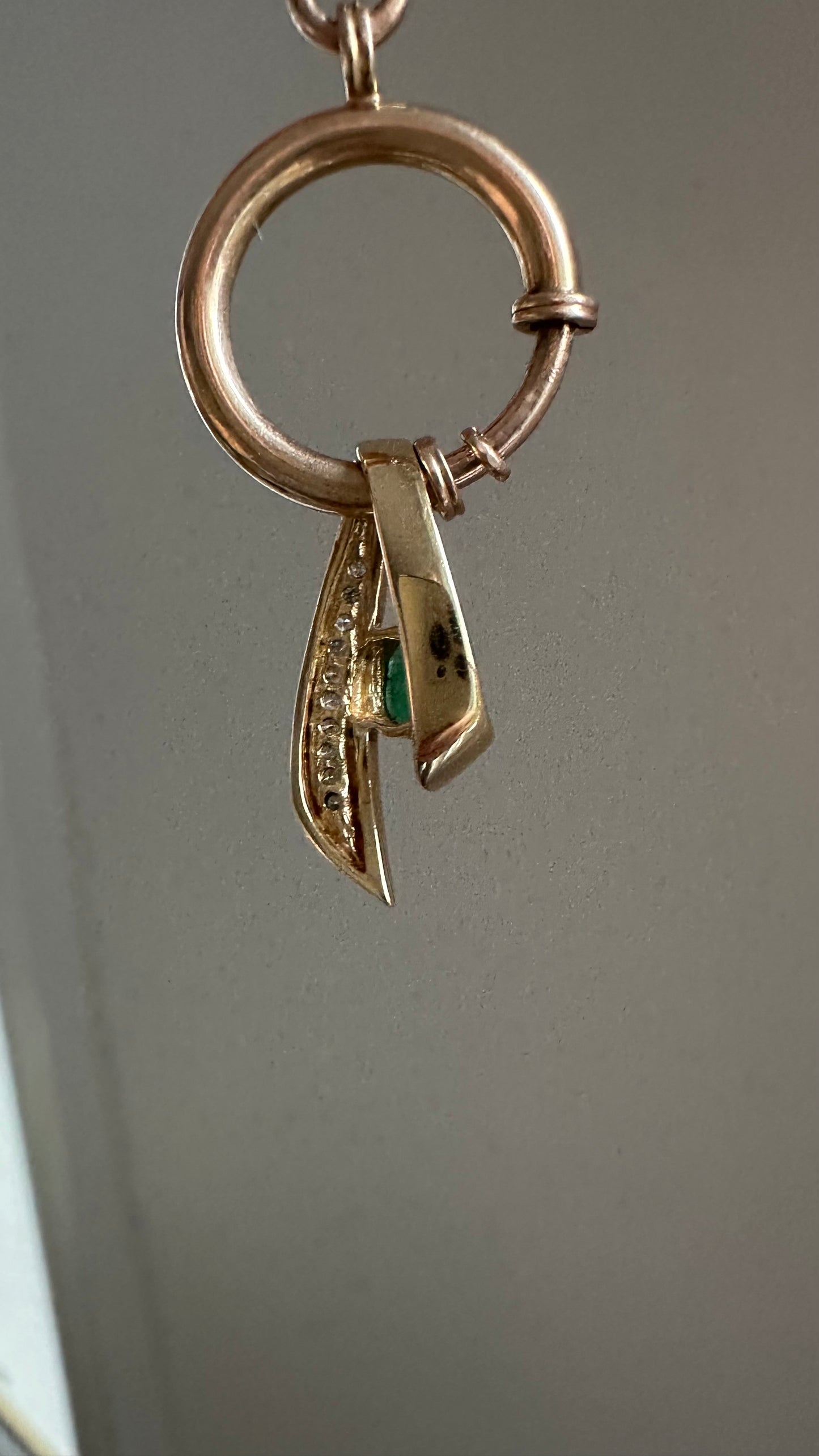 Vintage 14 karat gold emerald, and diamond pendant necklace