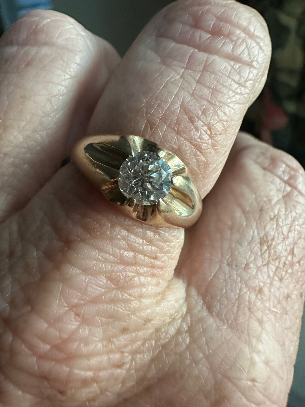 Belcher set old transitional cut diamond ring .75 ct