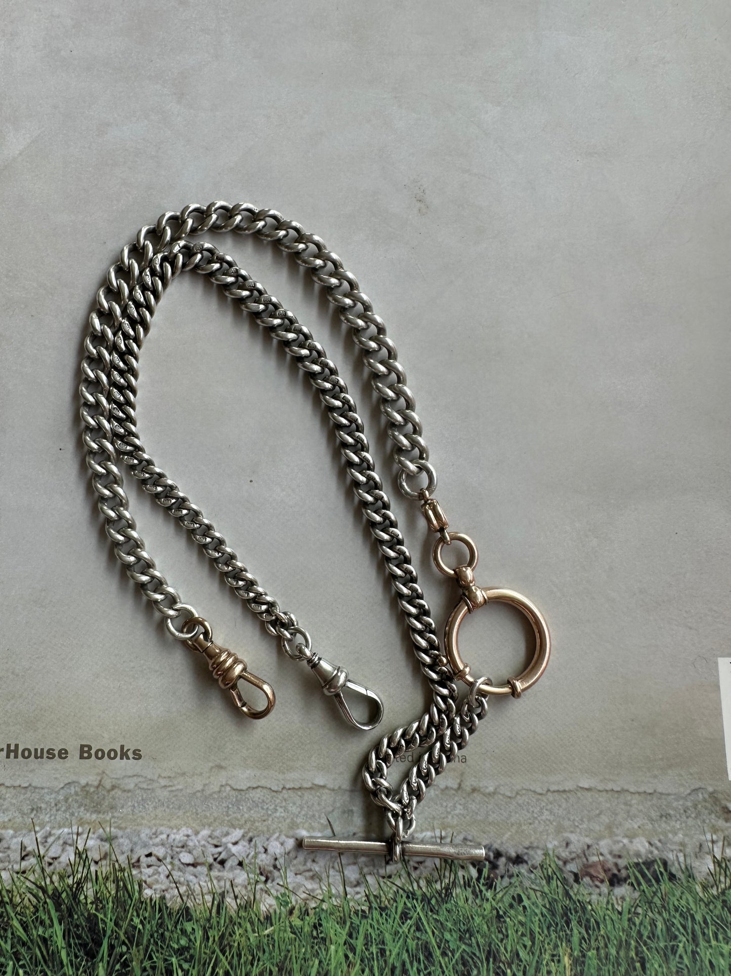 Antique Sterling chubby Albert watch chain with rosey  bolt clasp and dog clip
