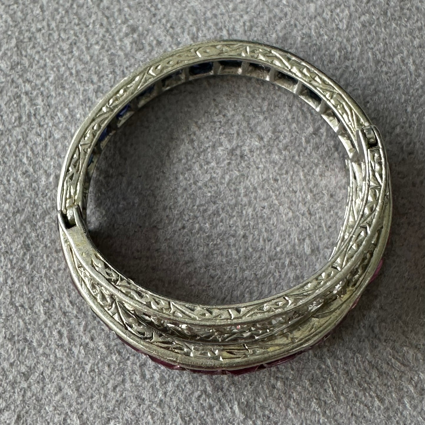 2. Art Deco Platinum Bypass Ring | Size 9 | Diamond, Sapphire & Ruby Calibre-Cut Band | Vintage Cocktail Ring