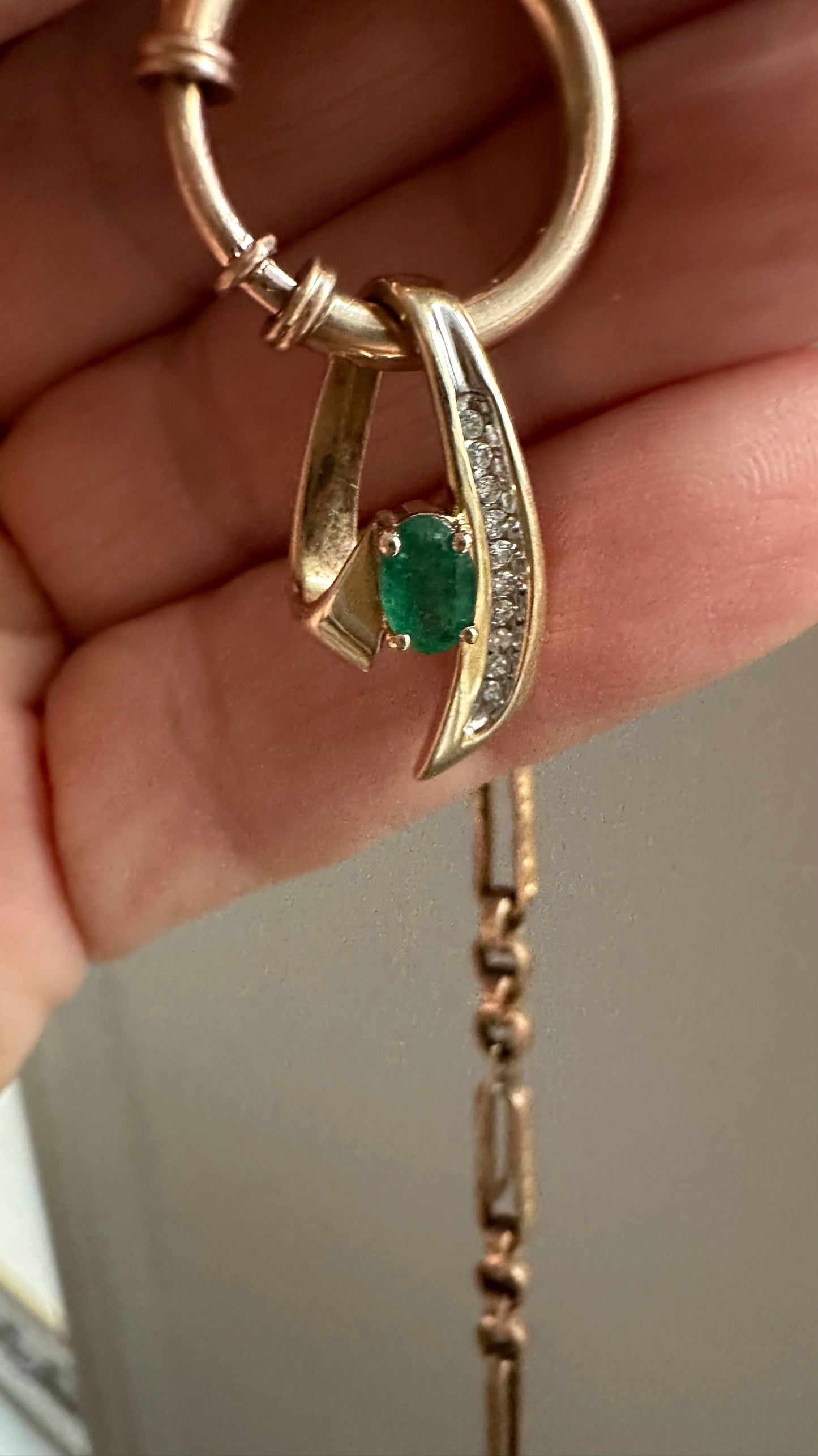 Vintage 14 karat gold emerald, and diamond pendant necklace