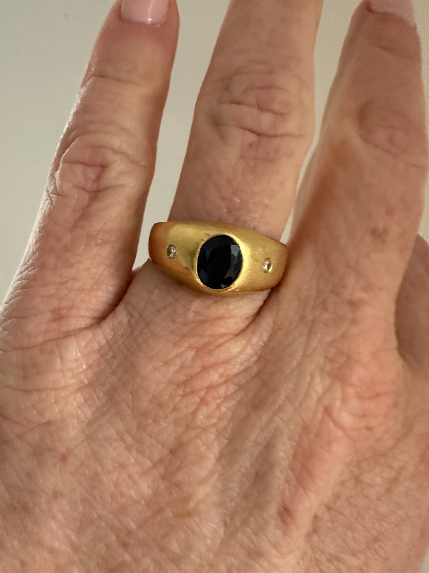Vintage 18k flush mount gypsy style natural sapphire and diamond ring