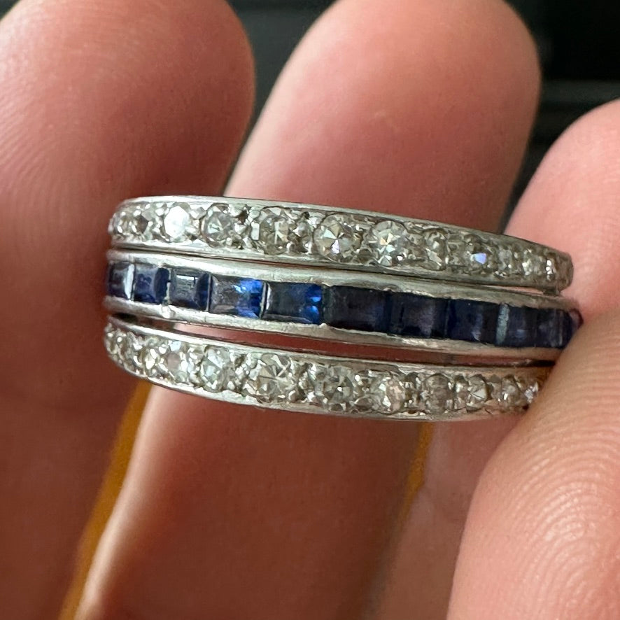 2. Art Deco Platinum Bypass Ring | Size 9 | Diamond, Sapphire & Ruby Calibre-Cut Band | Vintage Cocktail Ring