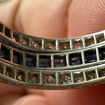 2. Art Deco Platinum Bypass Ring | Size 9 | Diamond, Sapphire & Ruby Calibre-Cut Band | Vintage Cocktail Ring