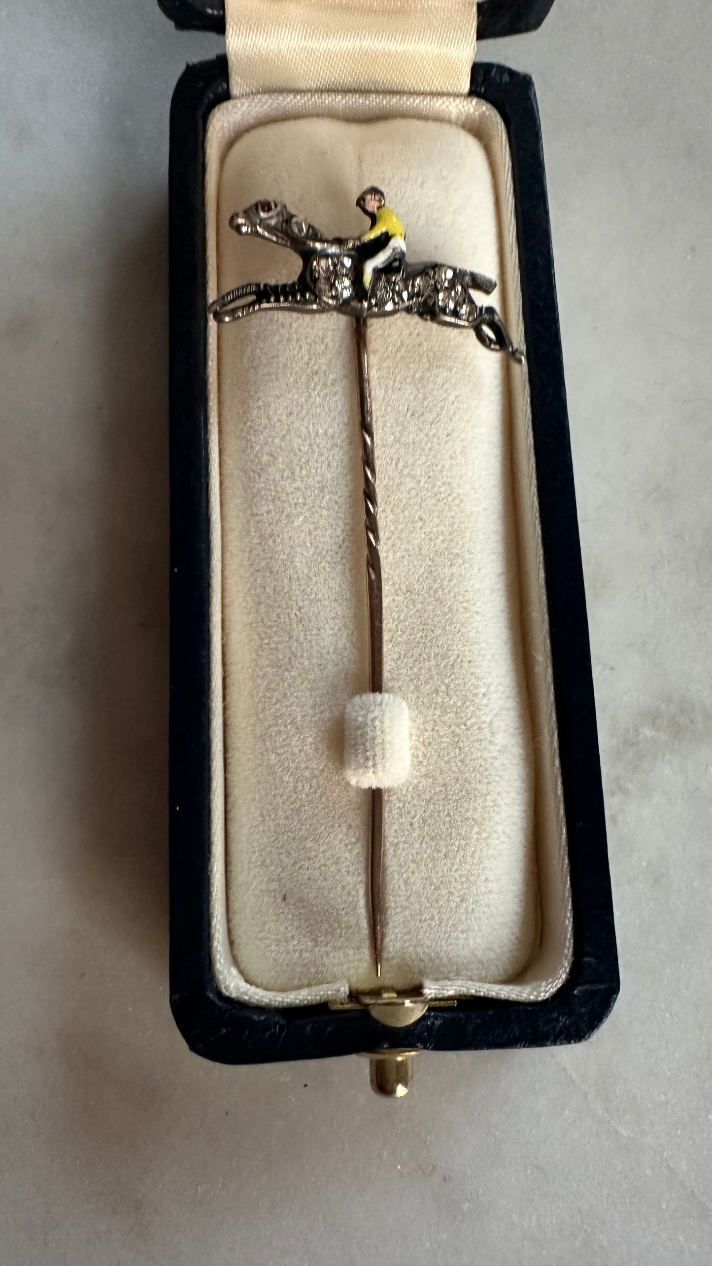 Antique English Diamond Horse & Enamel Jockey Stick Pin | Sterling Silver & 14k & 9K Gold, c.1900