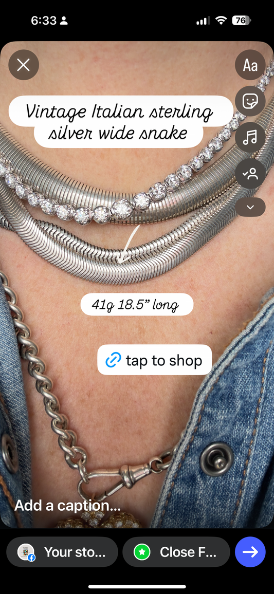 1990’s sterling snake wide 7.58mm 18.5” necklace