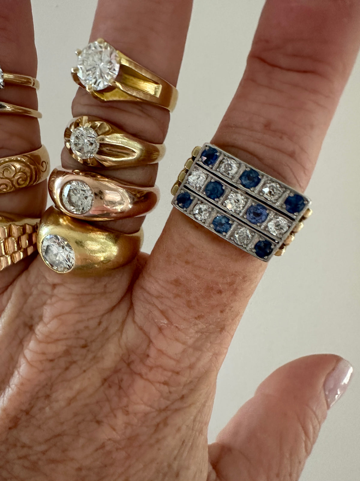 French 14k diamond and sapphire old mine tank like plaque ring