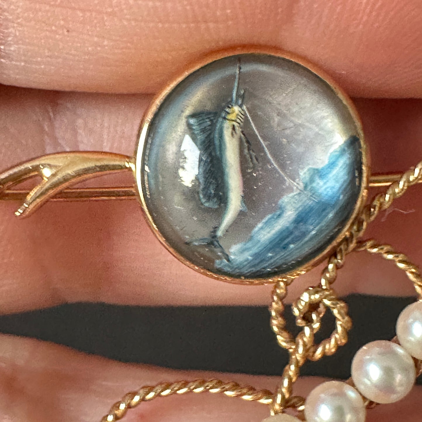 Intaglio round Essex crystal 14K Pearl & Sapphire Marlin Brooch