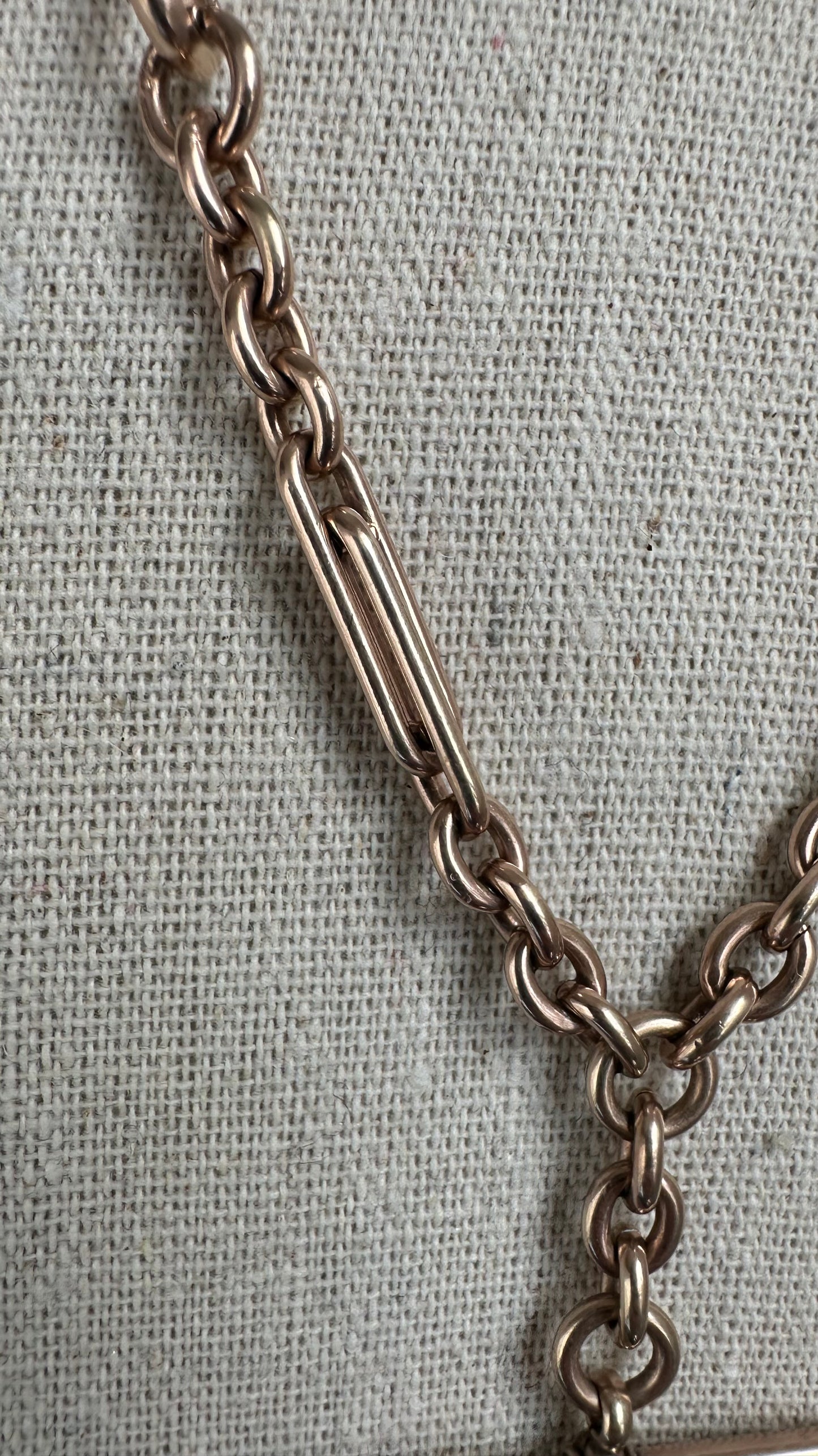 Antique 9k gold 20” trombone and lovers knot watch chain