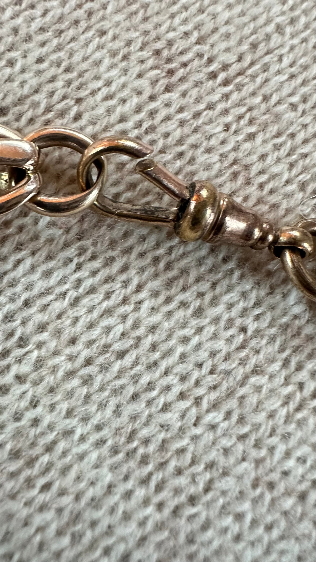 Antique open curb and fancy 9k gold watchchain 19”necklace with T bar and two swivel dog clips 44.5