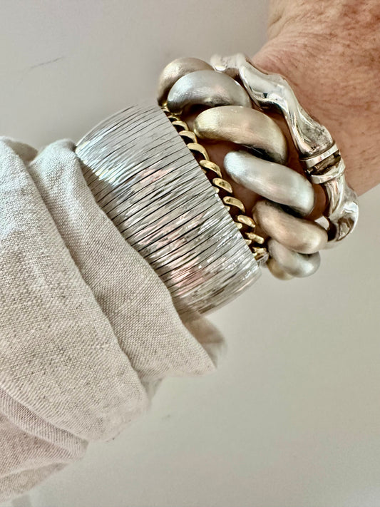 Italian Sterling Silver Wide Omega Bracelet | Textured Sparkle Finish | 1.12” Wide | 8.25”
