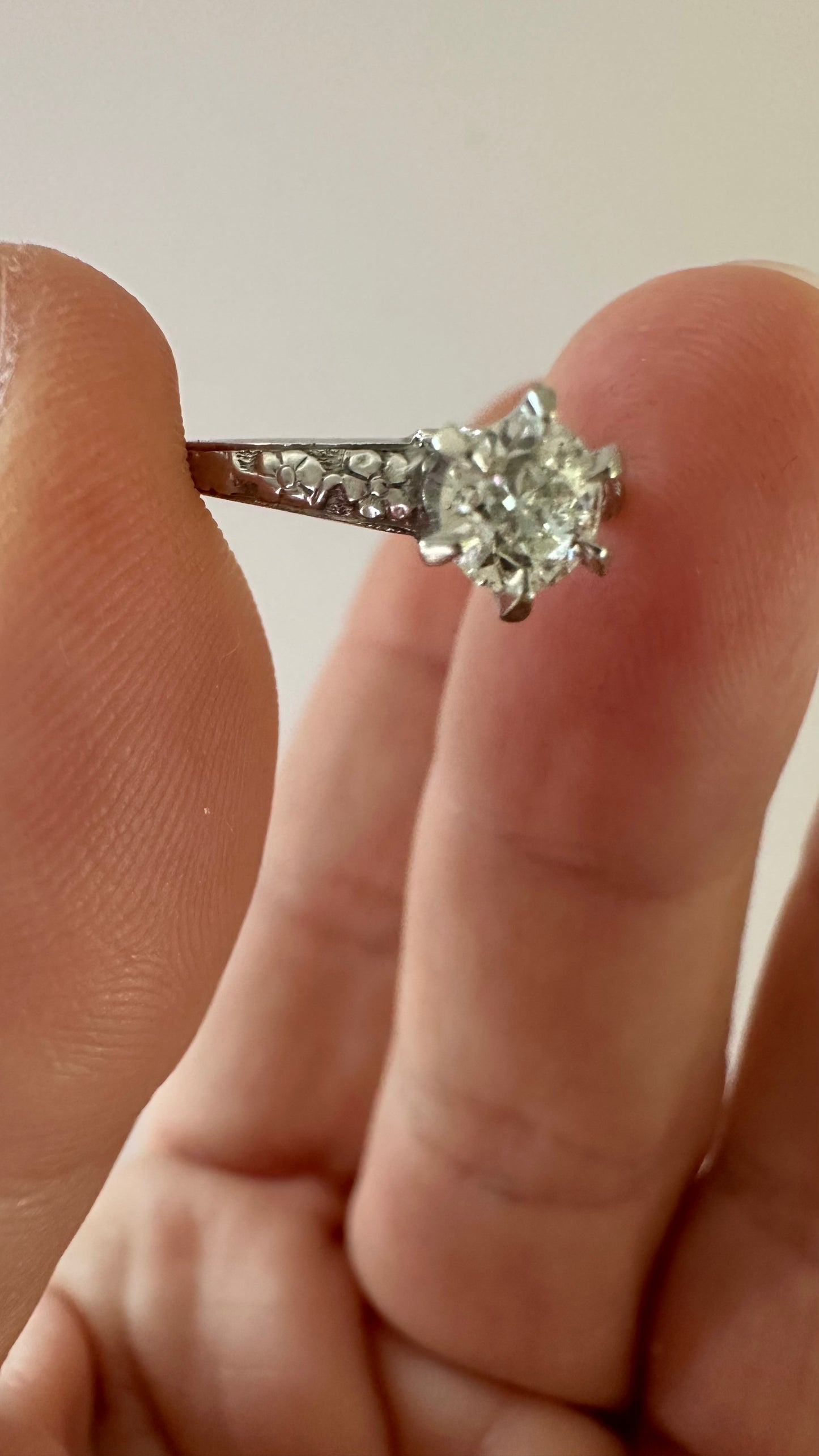 Art Deco 18k Forget Me Not OEC Diamond Solitaire with orange blossom band Size 5 please note IG prices less