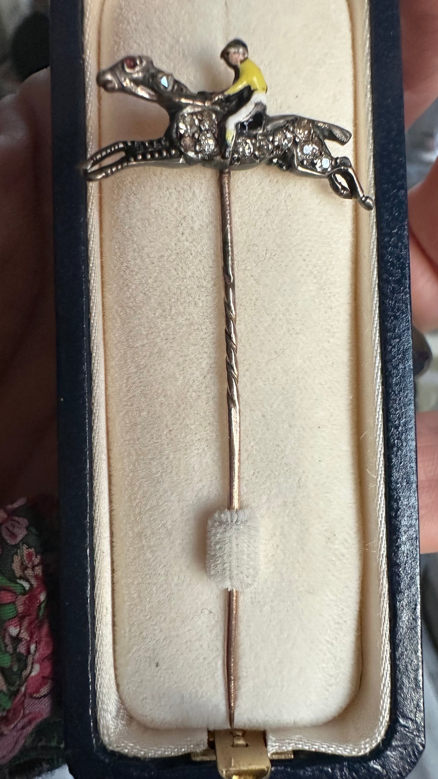 Antique English Diamond Horse & Enamel Jockey Stick Pin | Sterling Silver & 14k & 9K Gold, c.1900