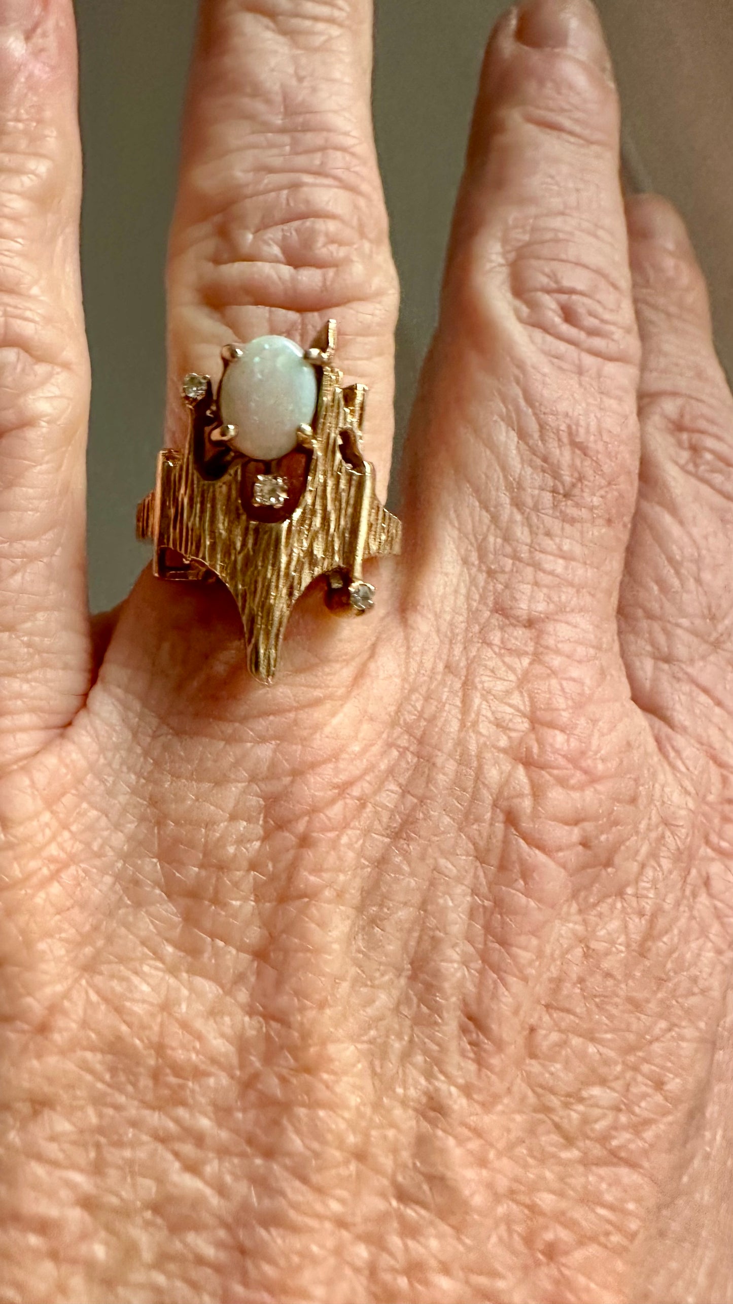 ✨ 14K Gold Opal & Diamond Brutalist Ring | Mid-Century Modern | Size 6