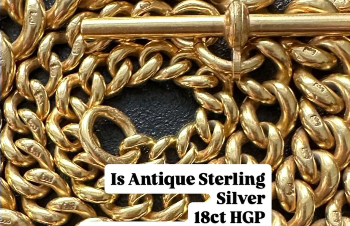 Antique 18k hgp over antique sterling silver curb Albert Watch chain