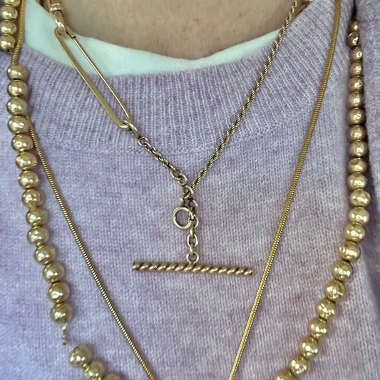 Victorian 10k rose gold watch chain w/dog clip & Albert bar - Simmons sold with 2 inch added plain 10k Victorian bar pin -18”