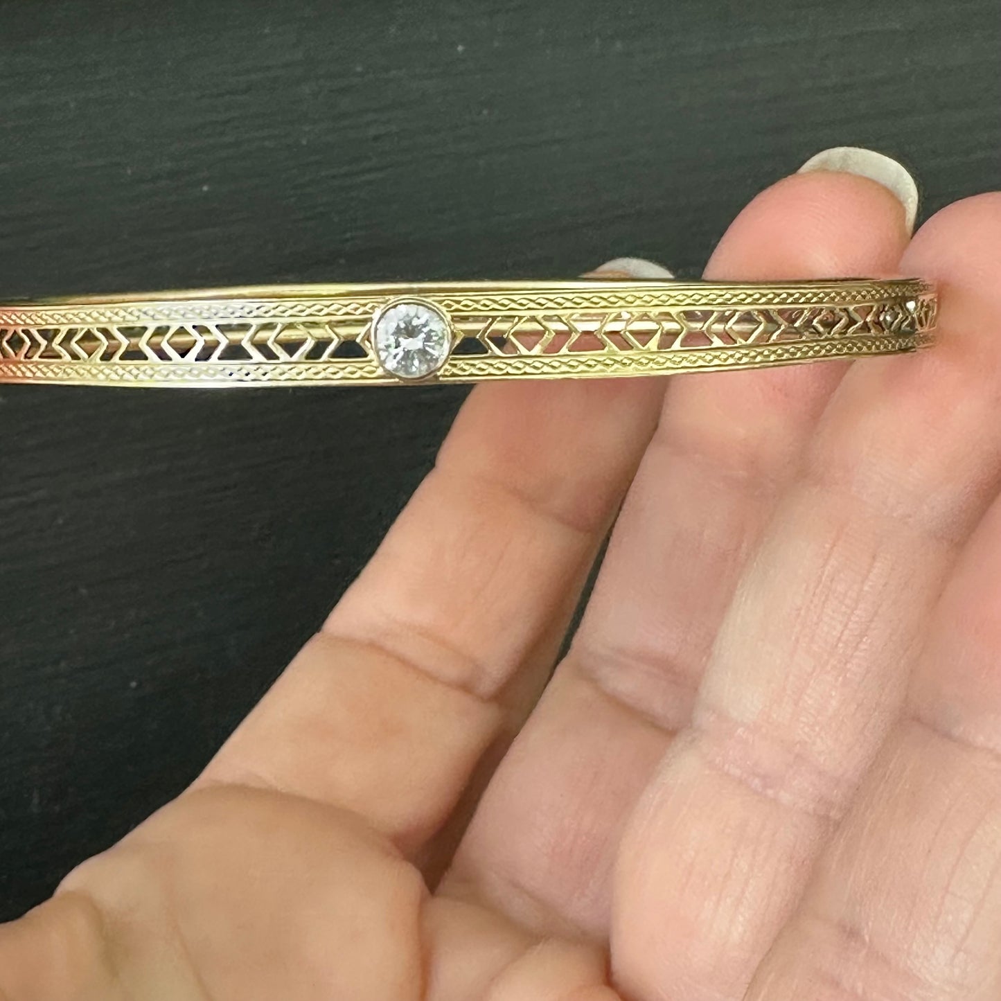 circa 1920 Art Deco Hand Engraved Gold Bezeled Diamond Bracelet