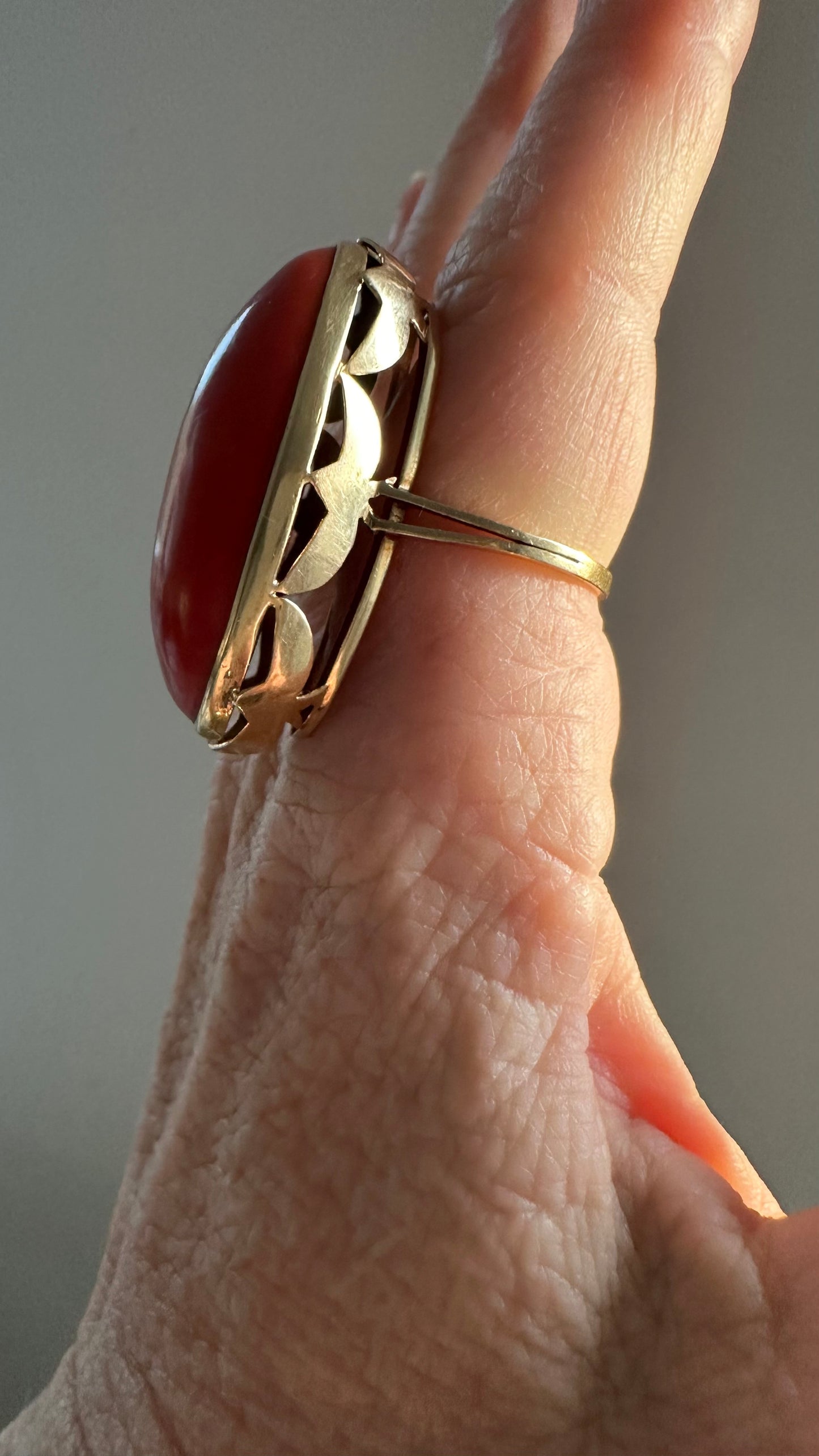 Large Natural Coral Statement Ring | Bold Oval Cabochon | Size 9.25