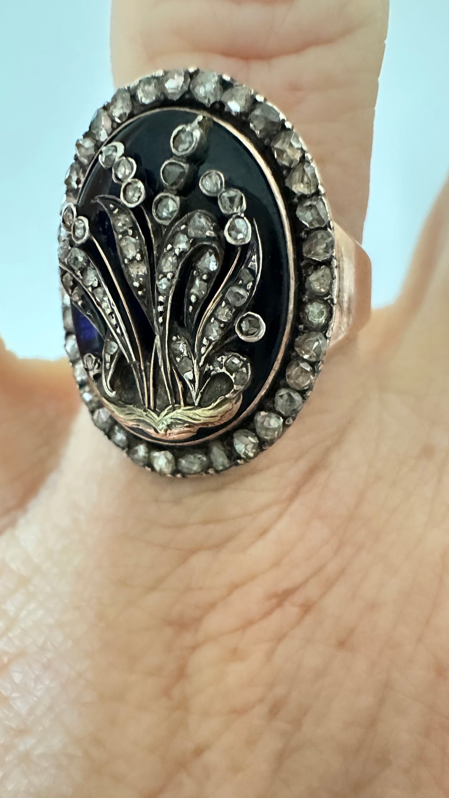 ANTIQUE Georgian 18K GOLD, SILVER, DIAMOND AND BLUE BRISTOL GLASS RING