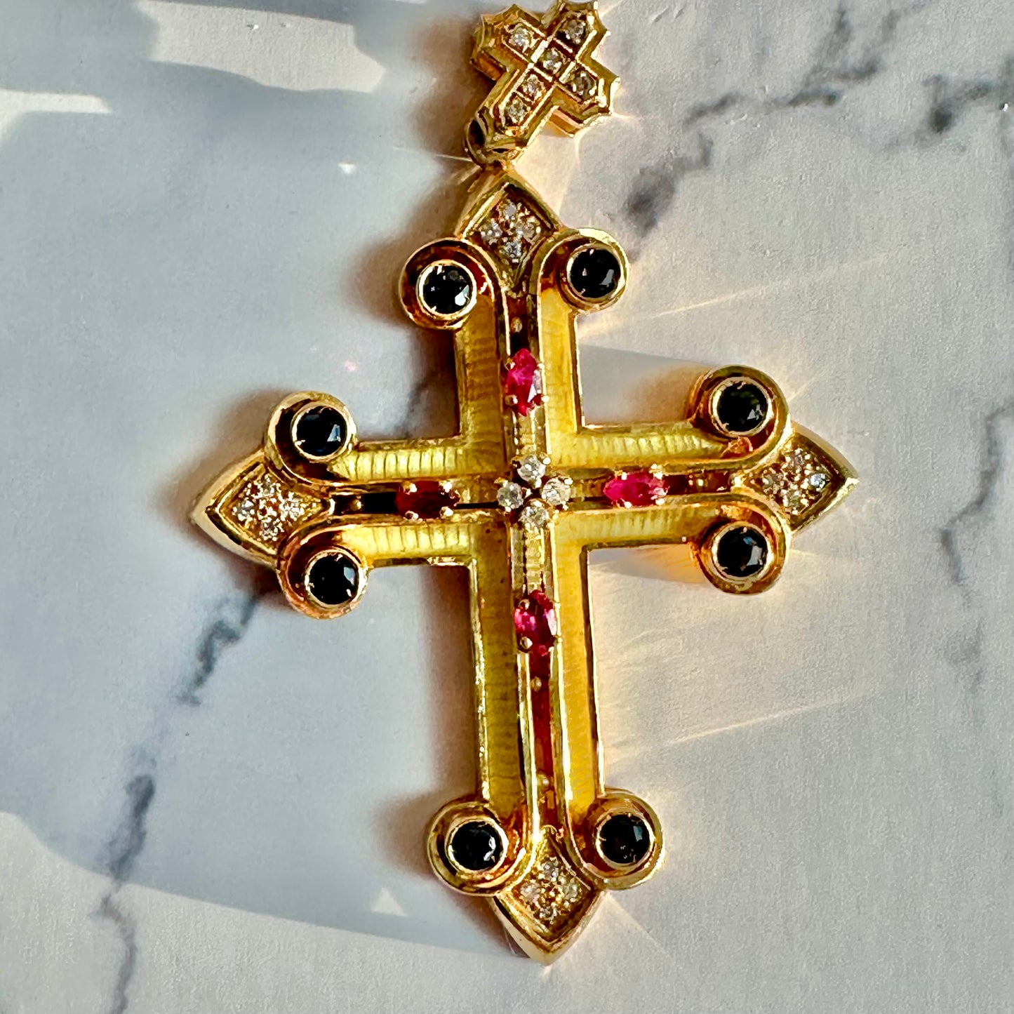 18K GOLD, SAPPHIRE, RUBY AND DIAMOND CROSS PENDANT