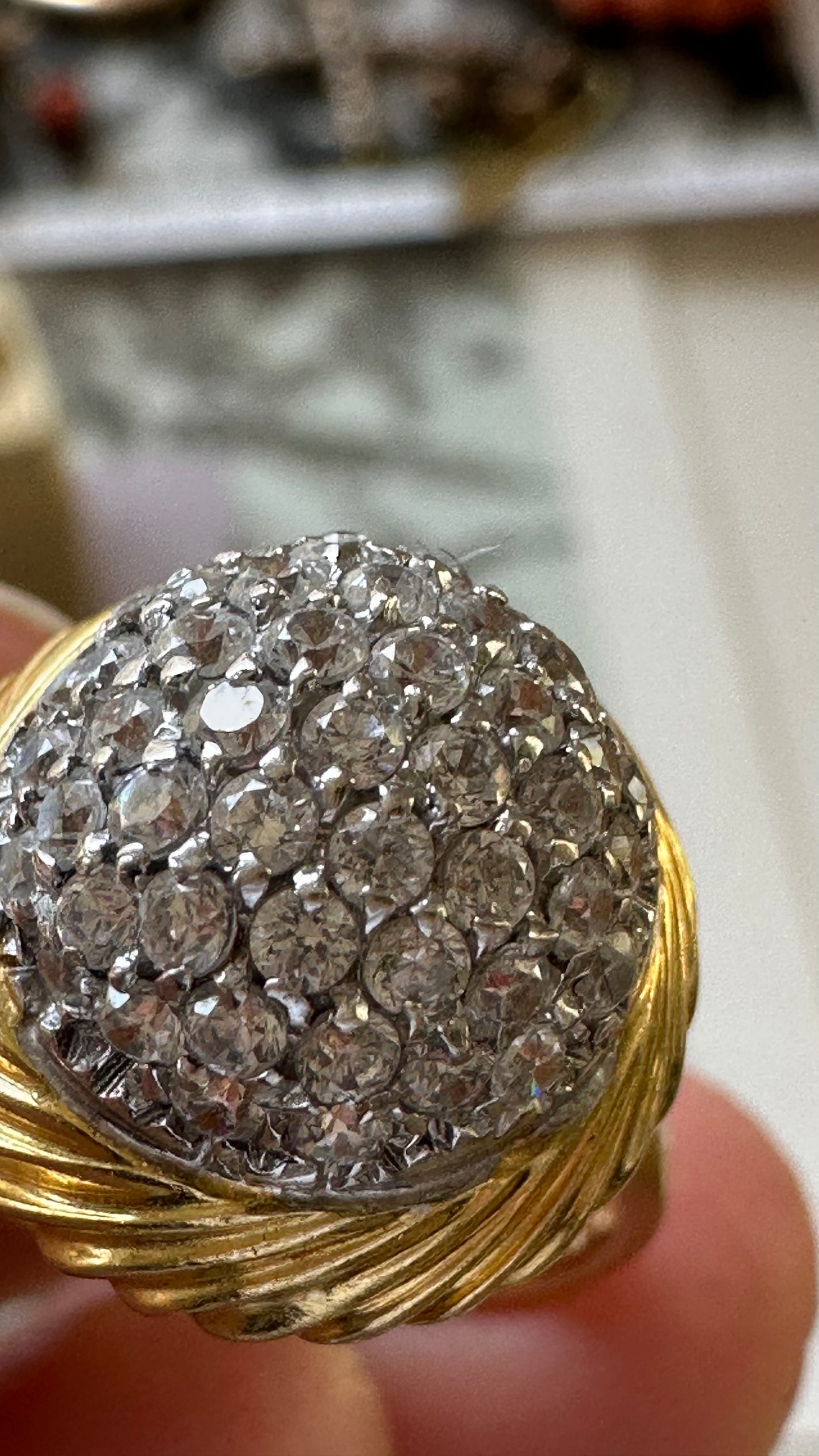 Vintage Italian 18K Gold Diamond Bombé Ring | Two-Tone Pavé Dome Statement Ring