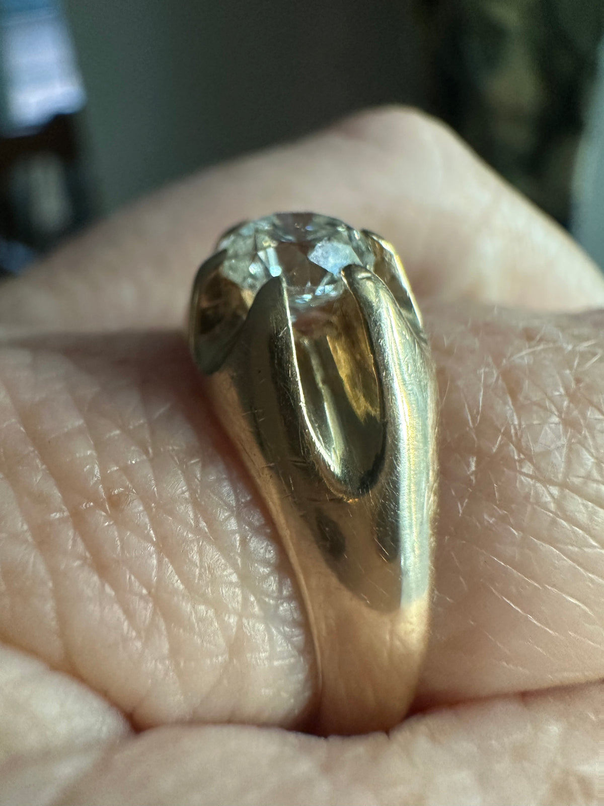 Belcher set old transitional cut diamond ring .75 ct