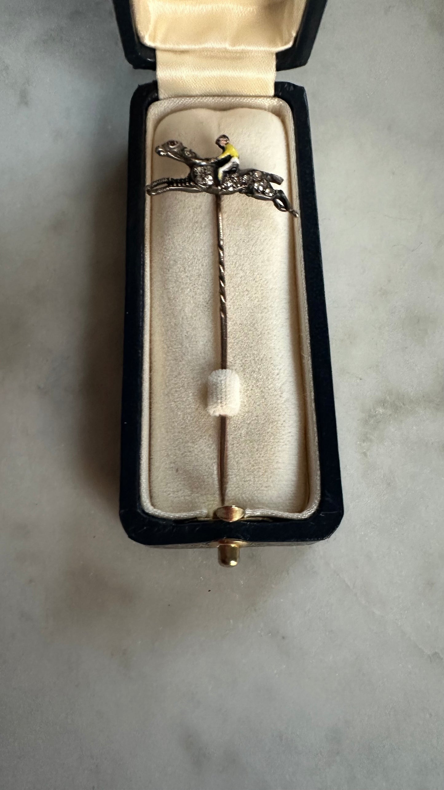 Antique English Diamond Horse & Enamel Jockey Stick Pin | Sterling Silver & 14k & 9K Gold, c.1900
