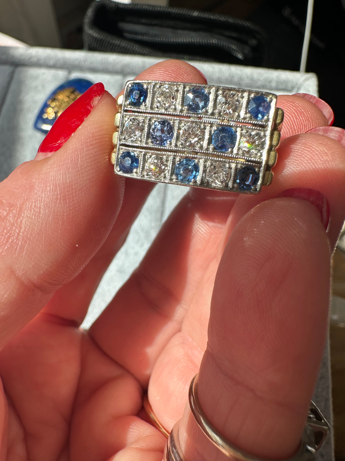 French 14k diamond and sapphire old mine tank like plaque ring