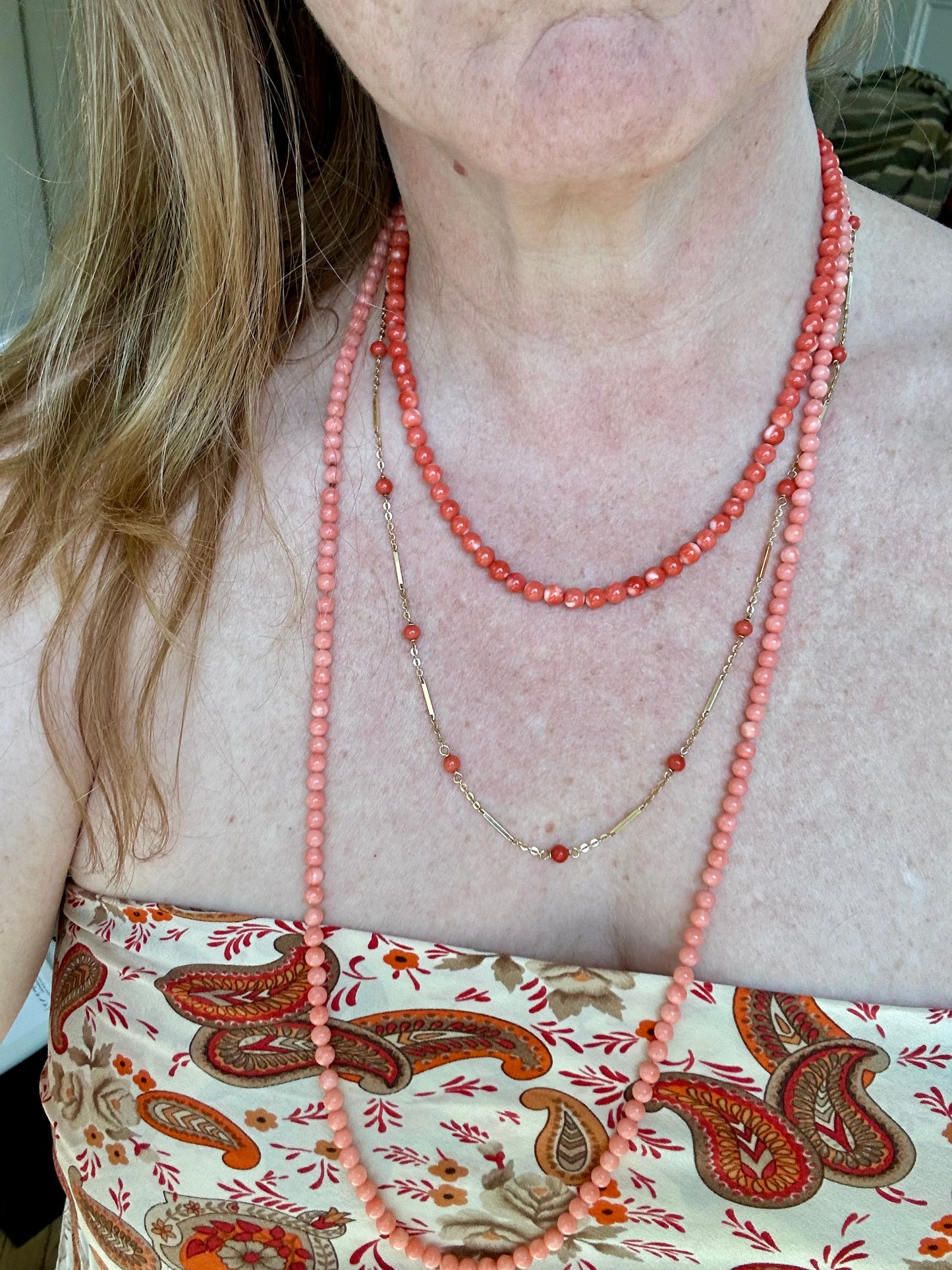 Midcentury coral bead strand 36”