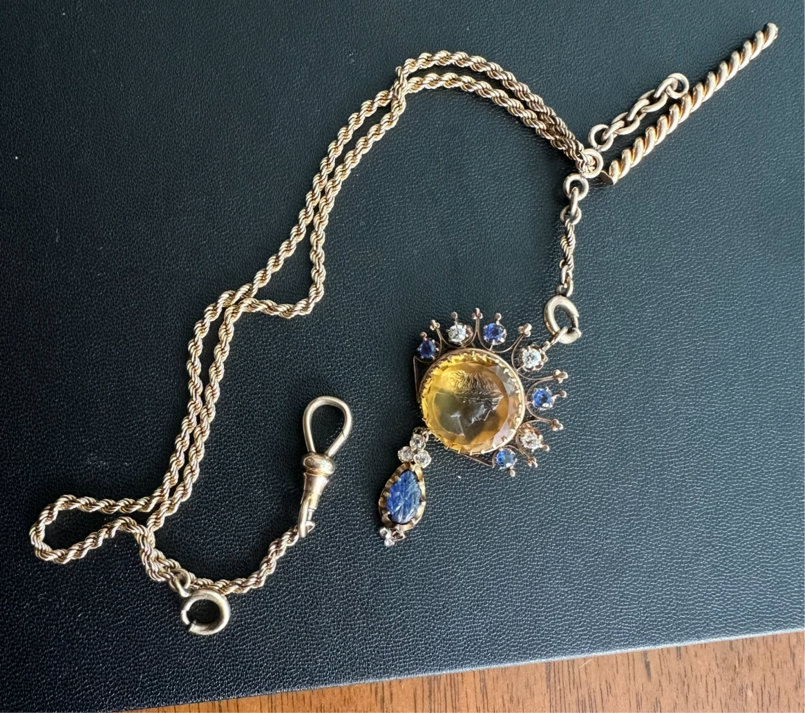 Victorian 10k watch chain with dog clip & Albert bar marked Simmons
