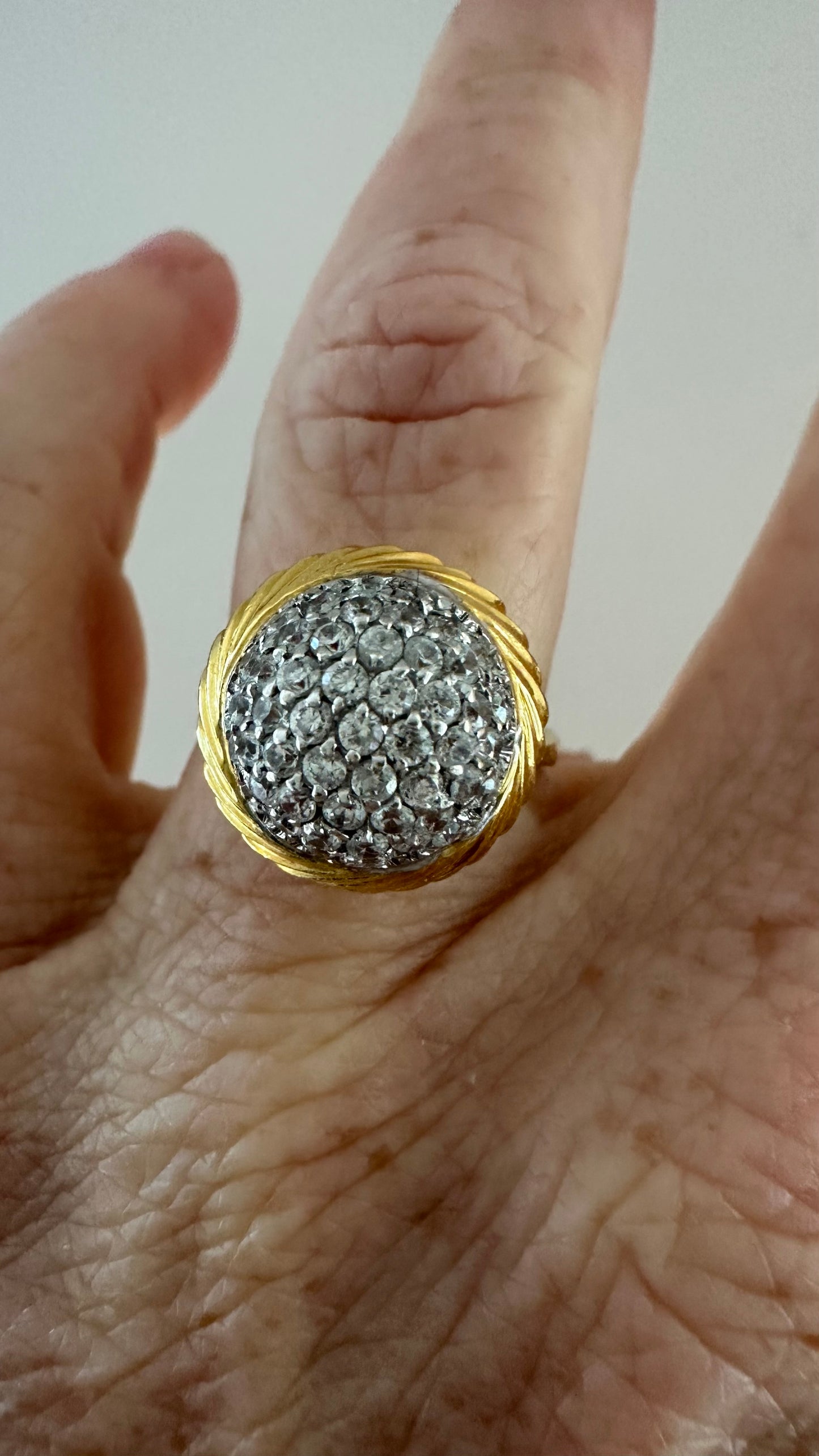 Vintage Italian 18K Gold Diamond Bombé Ring | Two-Tone Pavé Dome Statement Ring