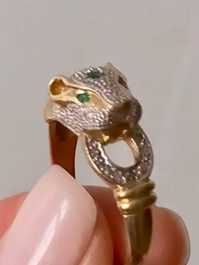 14k diamond and emerald panther ring
