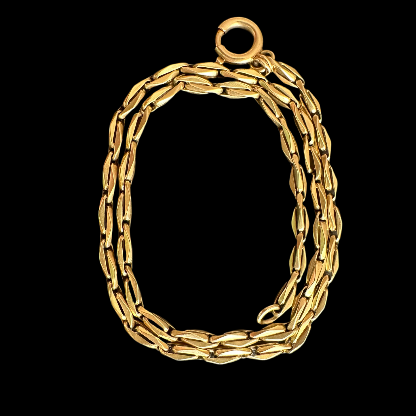 RARE 19TH CENTURY ANTIQUE VICTORIAN WATCH CHAIN DOUBLE HAYSEE LINK NECKLACE IN 15k GOLD - 14.25 INCHES LONG 14.6g