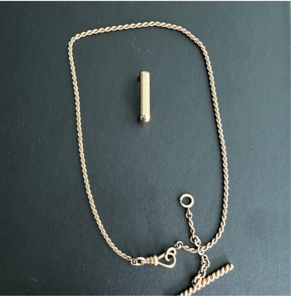 Victorian 10k watch chain with dog clip & Albert bar marked Simmons